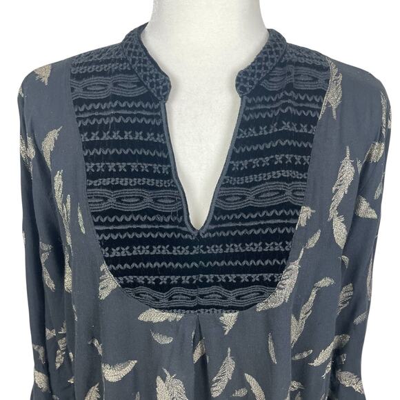 Johnny Was Workshop Feather Velvet Bell Sleeve Top Boho Black Gold Size Medium - Picture 3 of 15